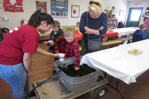 child getting soil to plant some seeds