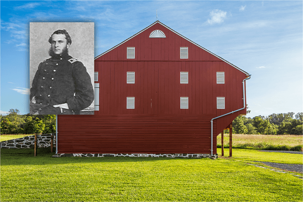 Col. Strong Vincent and the historic red barn at the George Spangler Farm & Field Hospital in Gettysburg, Pennsylvania