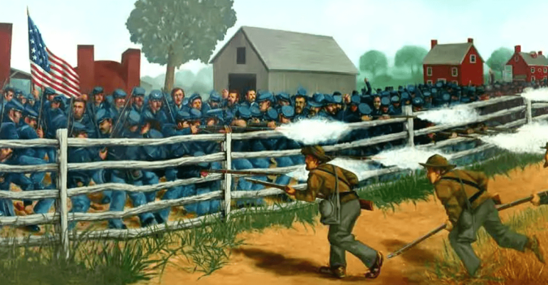 Painting of Union soldiers firing rifles from behind a fence at advancing troops